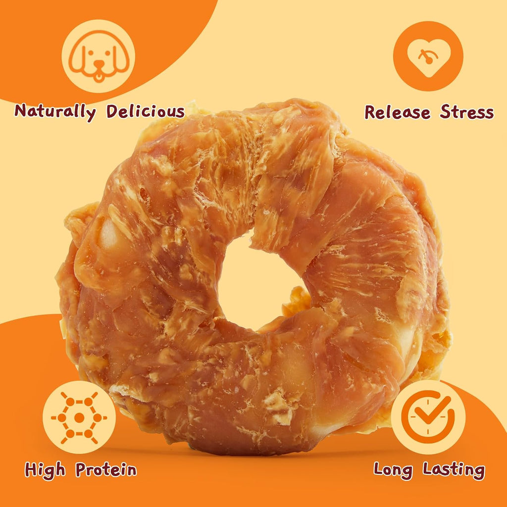 Four inch circular rawhide donut treat heavily coated in slow roasted chicken jerky