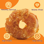 Four inch circular rawhide donut treat heavily coated in slow roasted chicken jerky