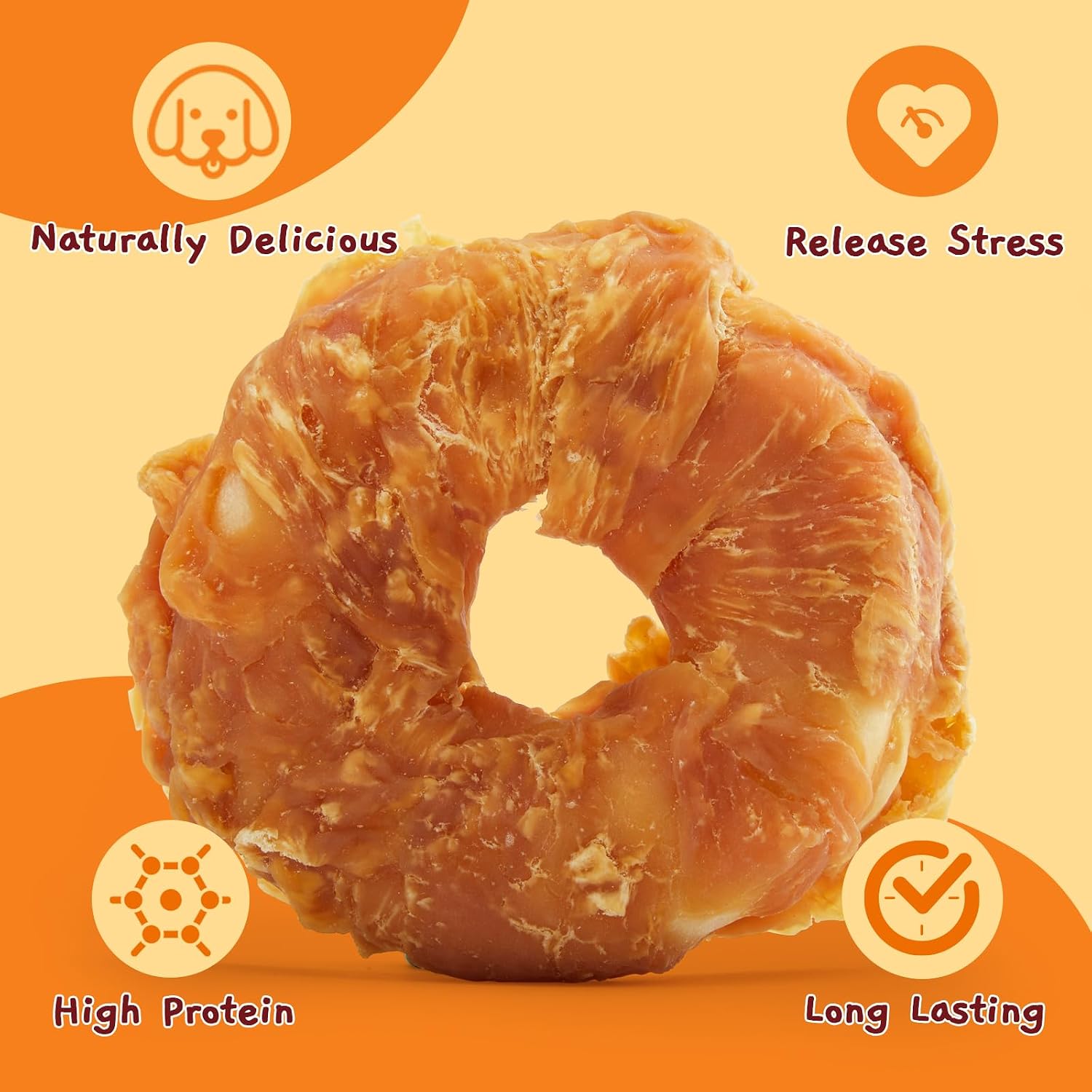 Four inch circular rawhide donut treat heavily coated in slow roasted chicken jerky