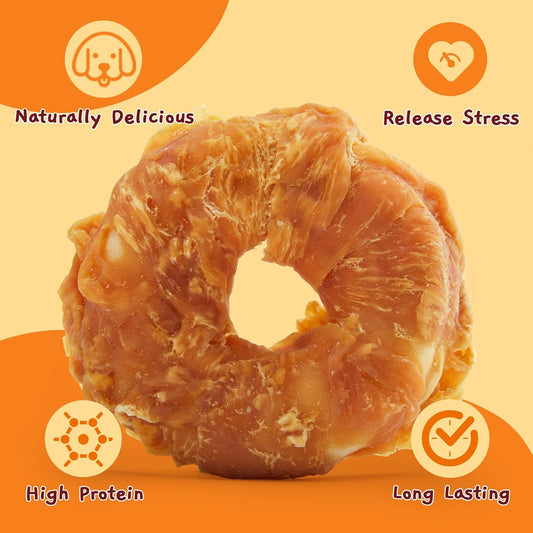 Four inch circular rawhide donut treat heavily coated in slow roasted chicken jerky