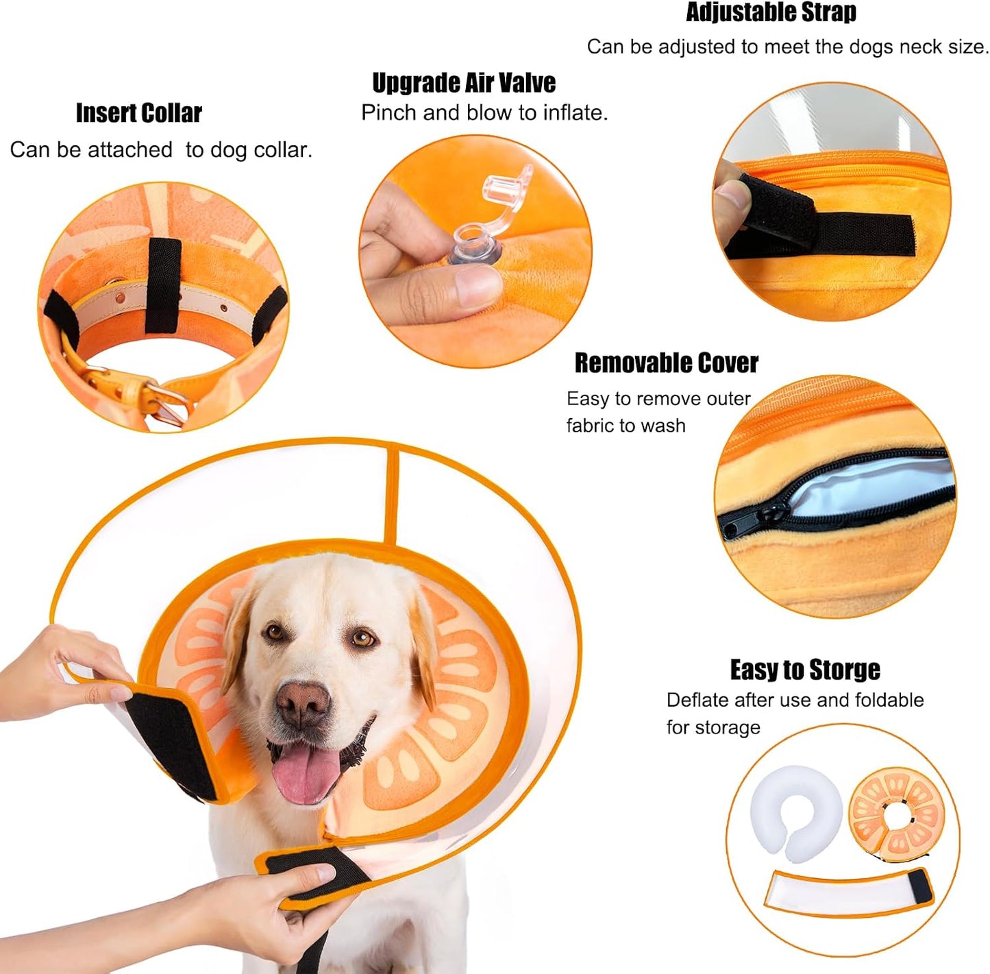 The detachable transparent outer expansion shield separated from the inflatable orange dog collar.