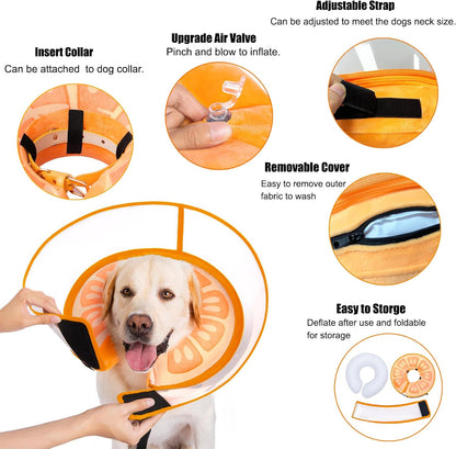 The detachable transparent outer expansion shield separated from the inflatable orange dog collar.