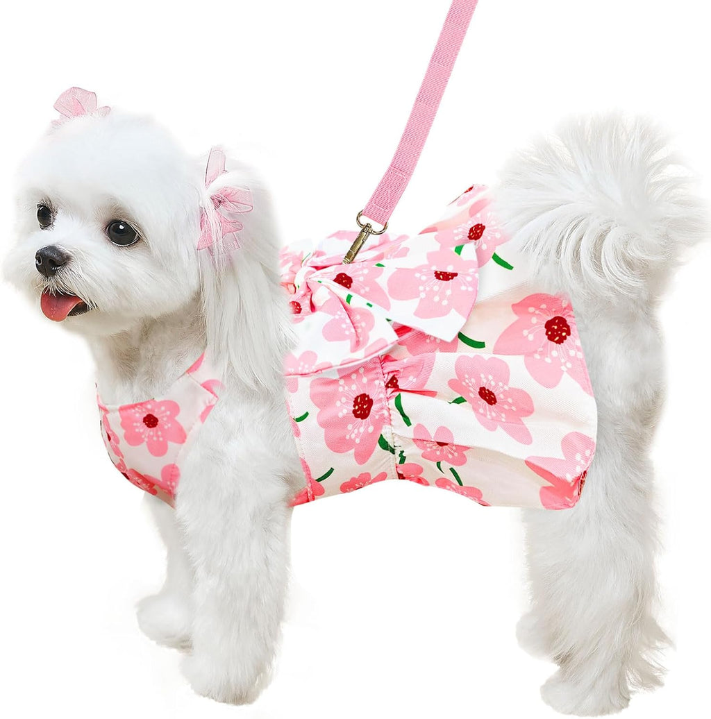 ABRRLO cute dog harness dress front view featuring pink floral puppy outfit.