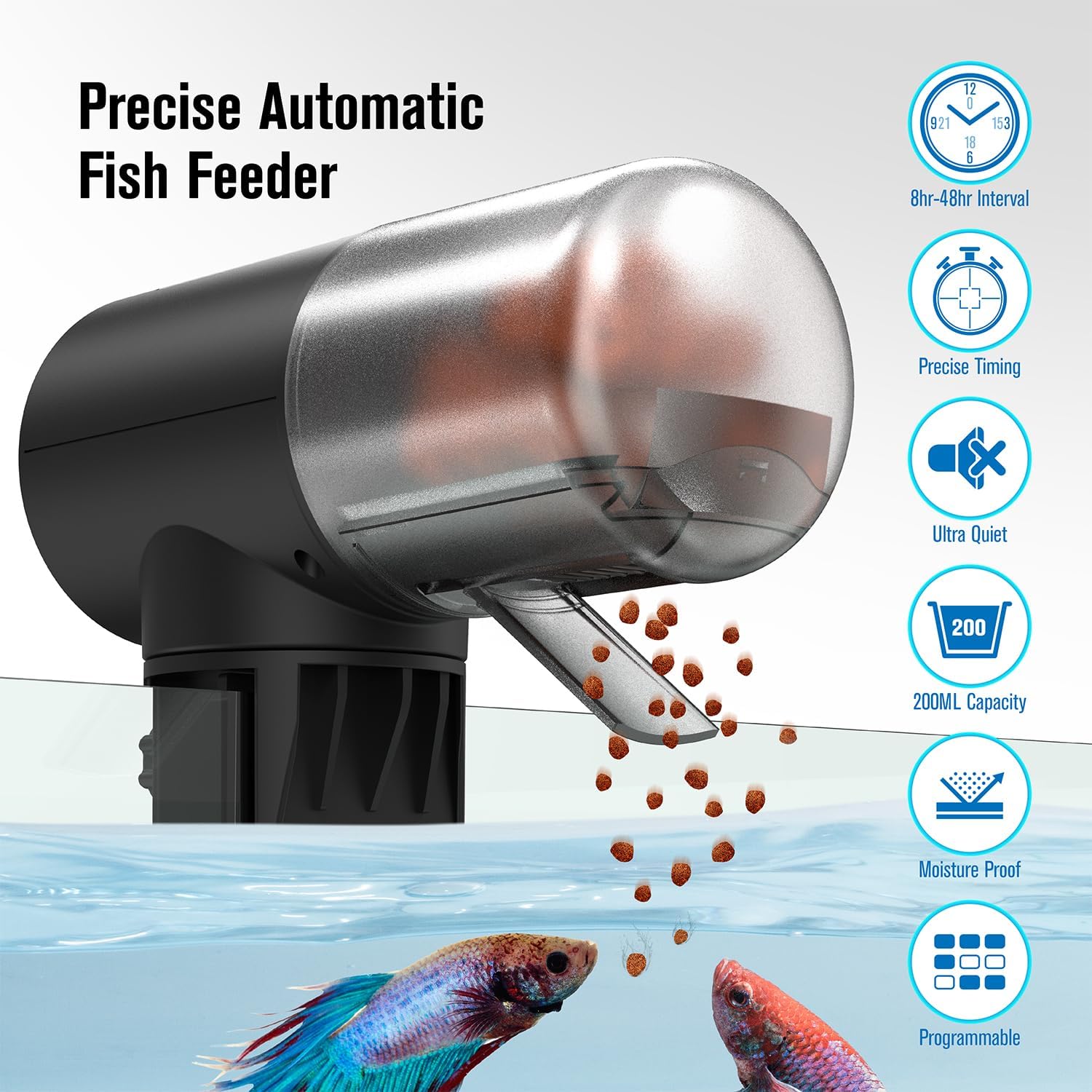 Close up of the 200 milliliter large capacity food drum on the timer dispenser