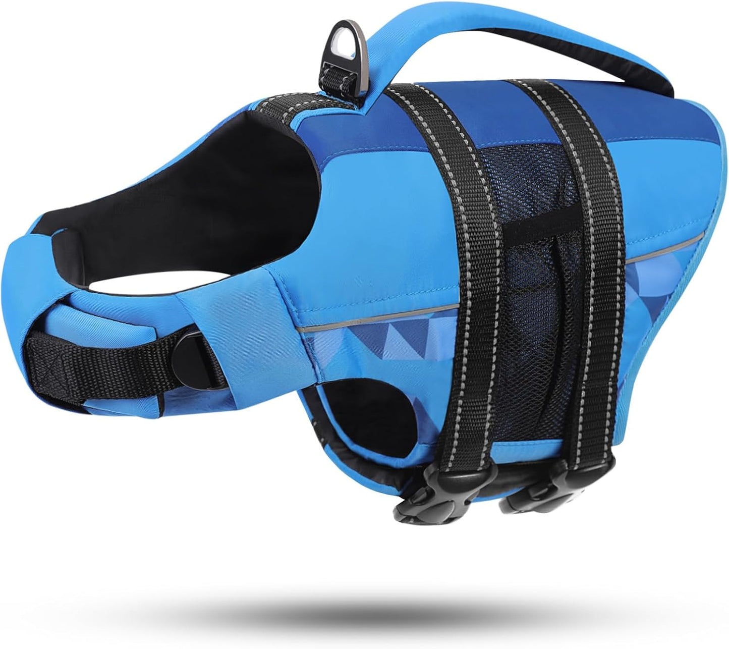 ASENKU dog life jacket front view showing the blue high flotation vest on a large breed dog.