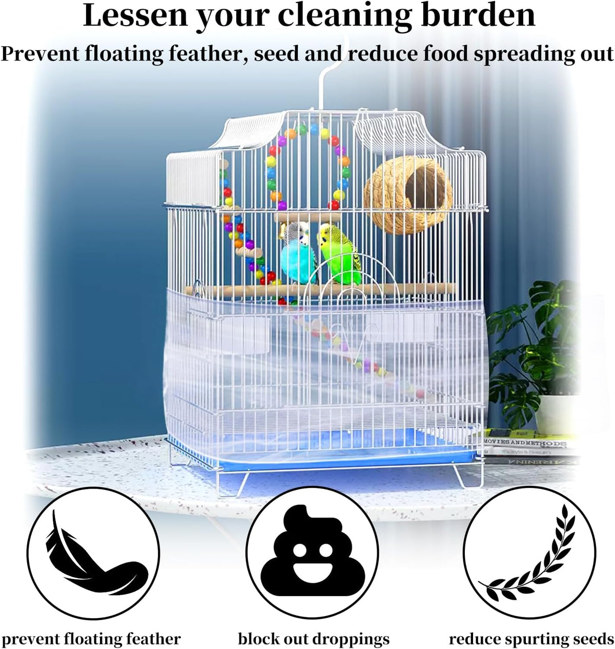 Hoydate white nylon mesh bird cage net fitted on round parrot enclosure