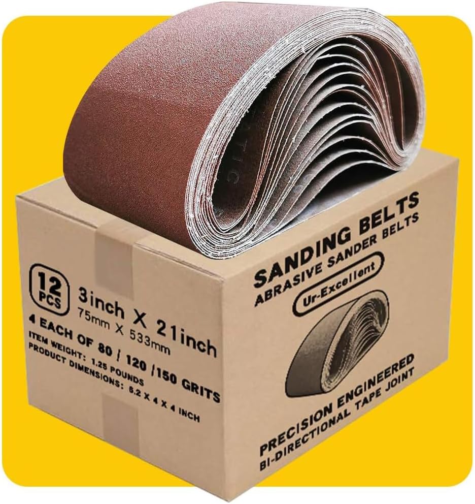Assorted multi grit pack of forty to two hundred and forty grit industrial sanding belts.