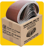 Assorted multi grit pack of forty to two hundred and forty grit industrial sanding belts.