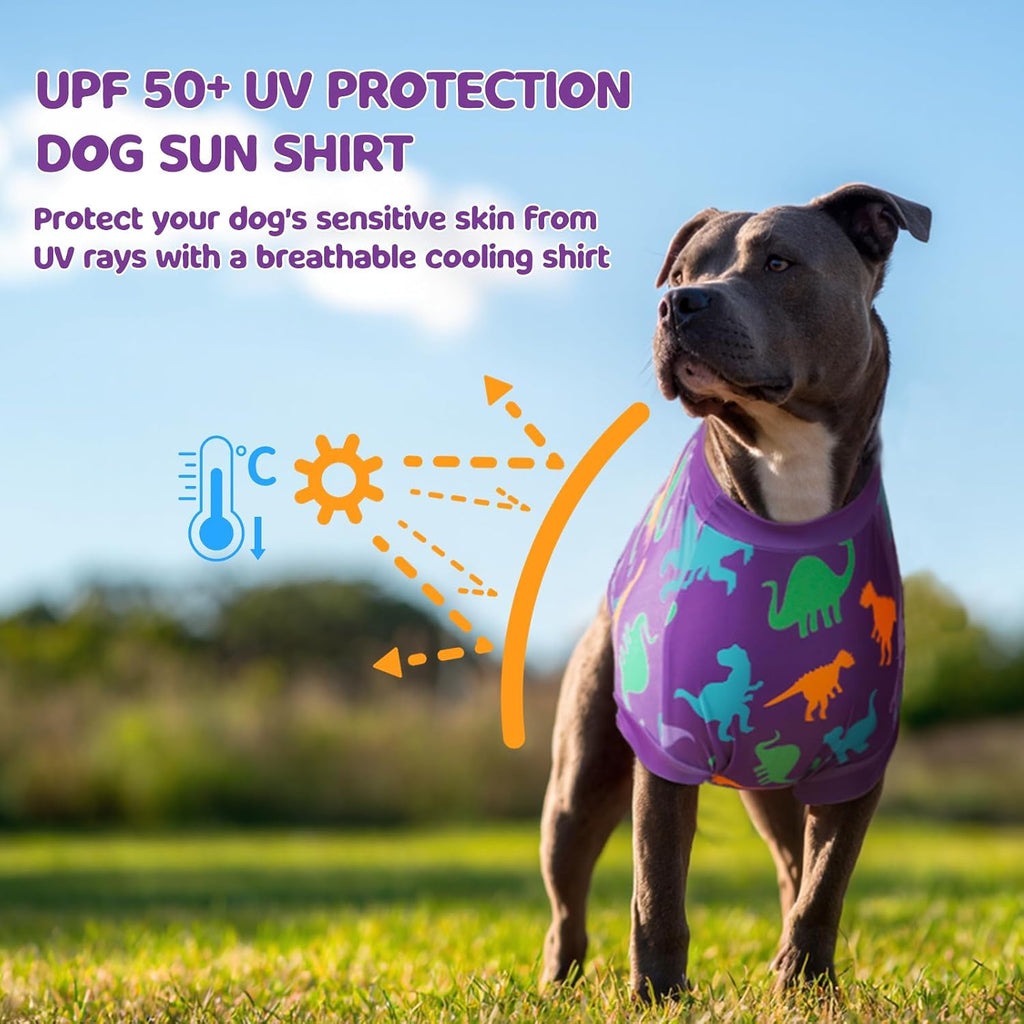 Purple sleeveless cooling dog vest with 3D dinosaur horns on the back.