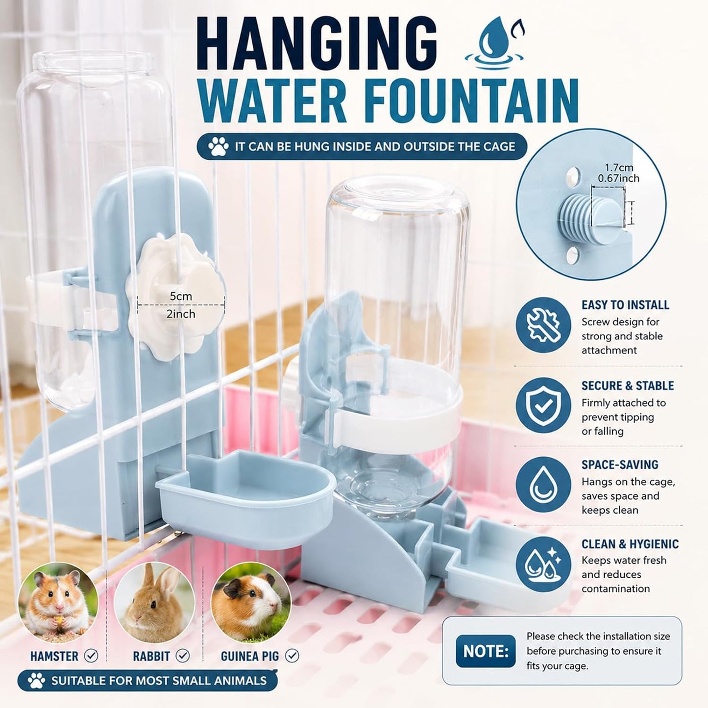 Rypet Rabbit Water Bottle No Drip - 17oz Hanging Water Fountain Automatic Dispenser Pet Cage Water Feeder for Bunny Chinchilla Guinea Pig Hedgehog Ferret Blue - Image 5
