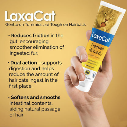 Laxacat cat hairball paste salmon flavor tube showing ingredients