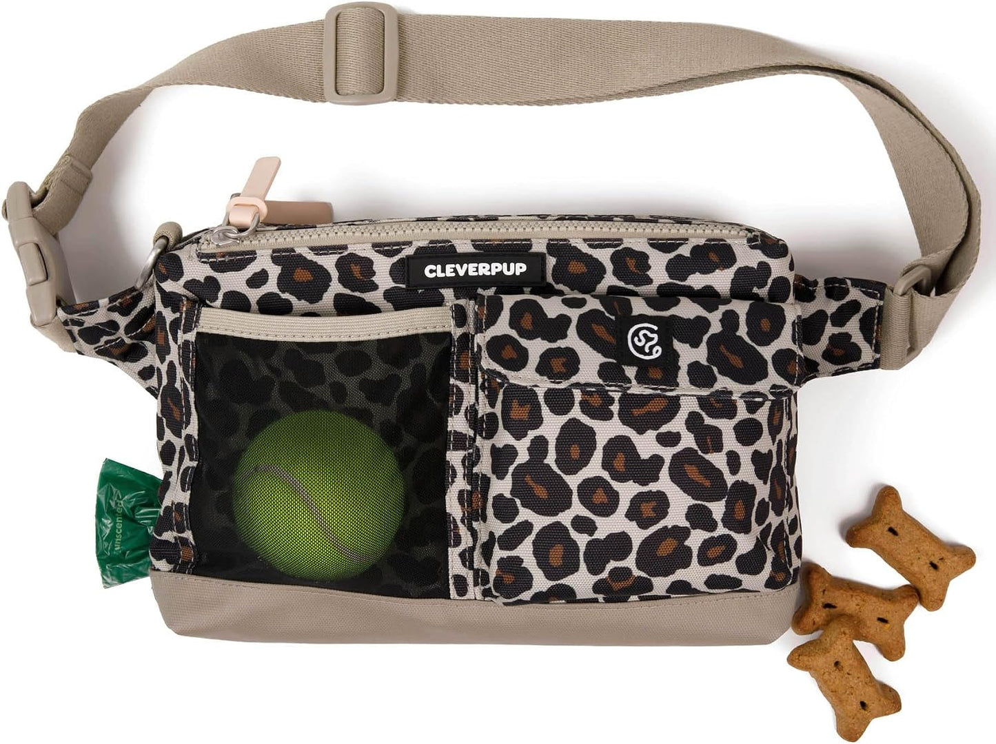 Cleverpup Dog Walk & Train Sling Bag - Hands-Free Dog Walking & Training Bag with Treat Pouch, Poop Bag Holder & Phone Pocket - Crossbody or Fanny Pack, Adjustable Strap - Sand - Image 12
