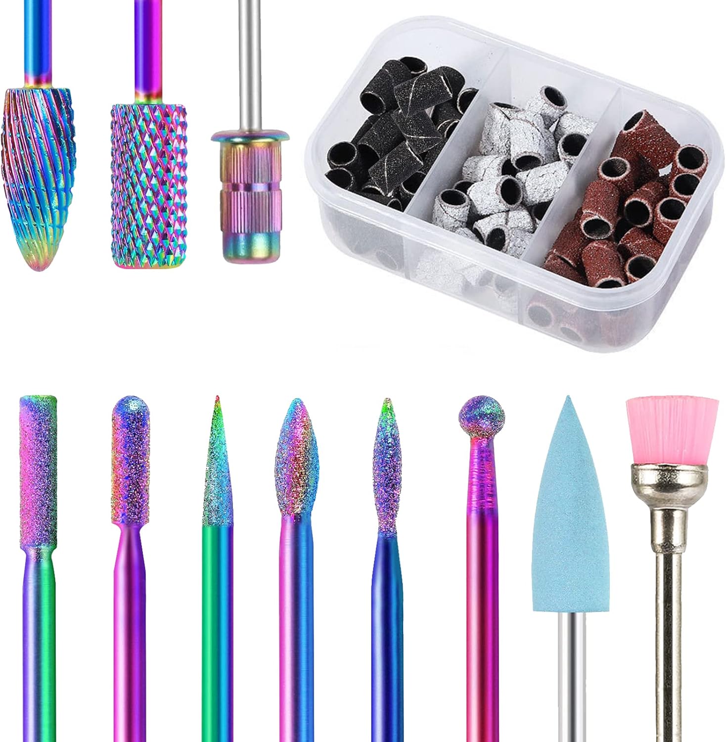 BQAN professional nail drill bits set front view showing ten multi-shaped chameleon carbide bits arranged in a clear storage case