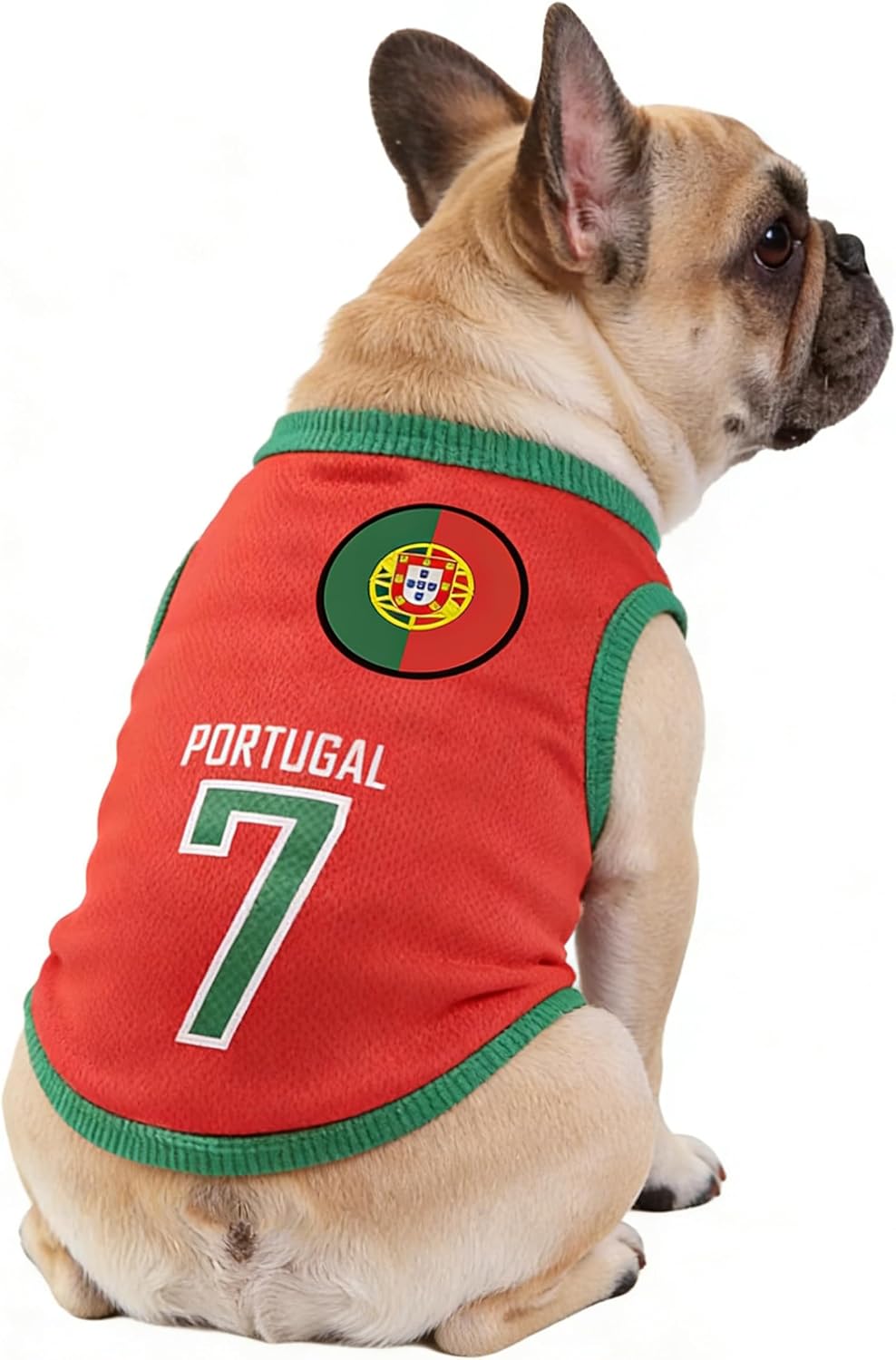 Side profile of pet wearing yellow Brazil soccer shirt