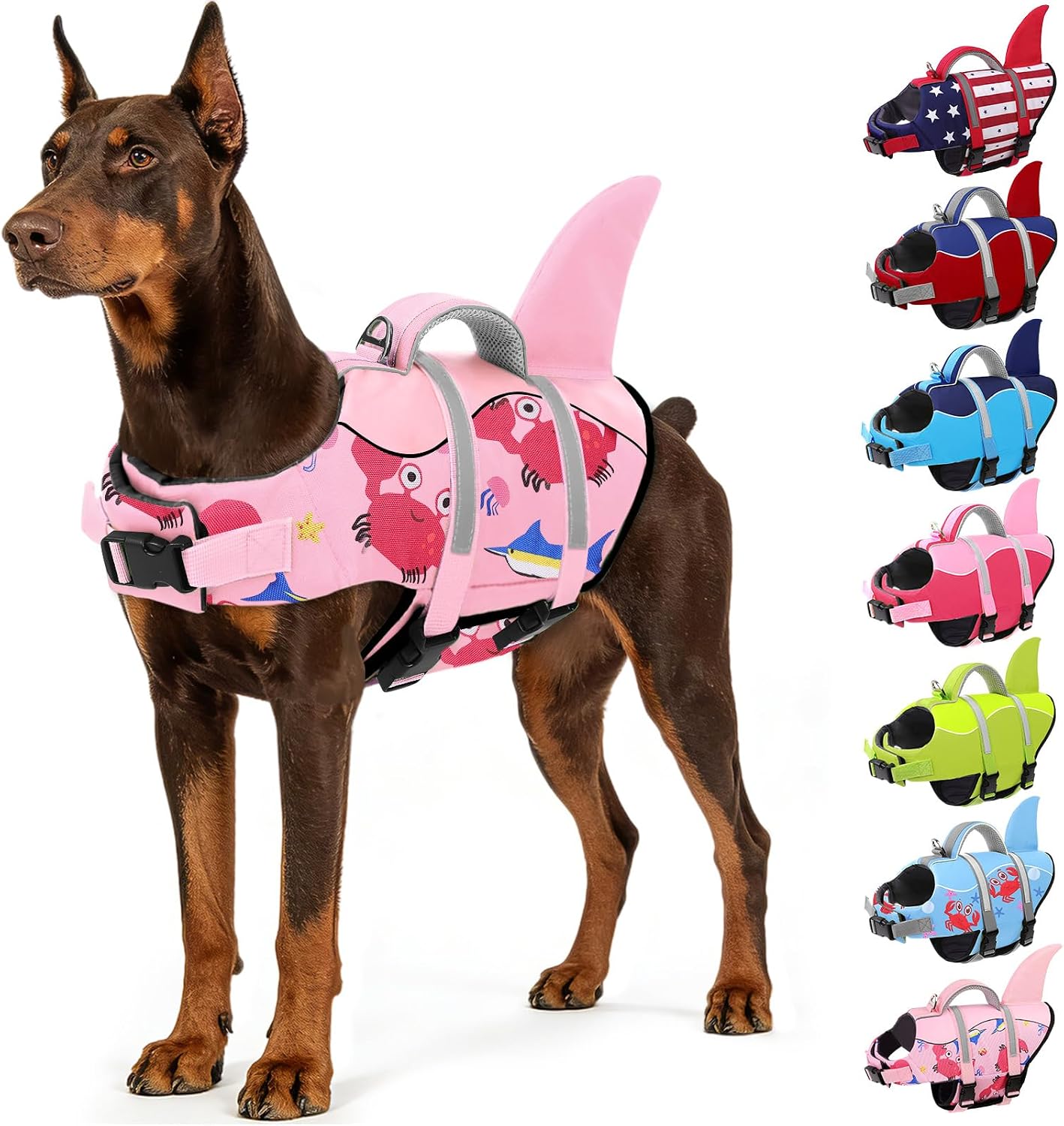 AOFITEE shark dog life jacket front view on a large dog