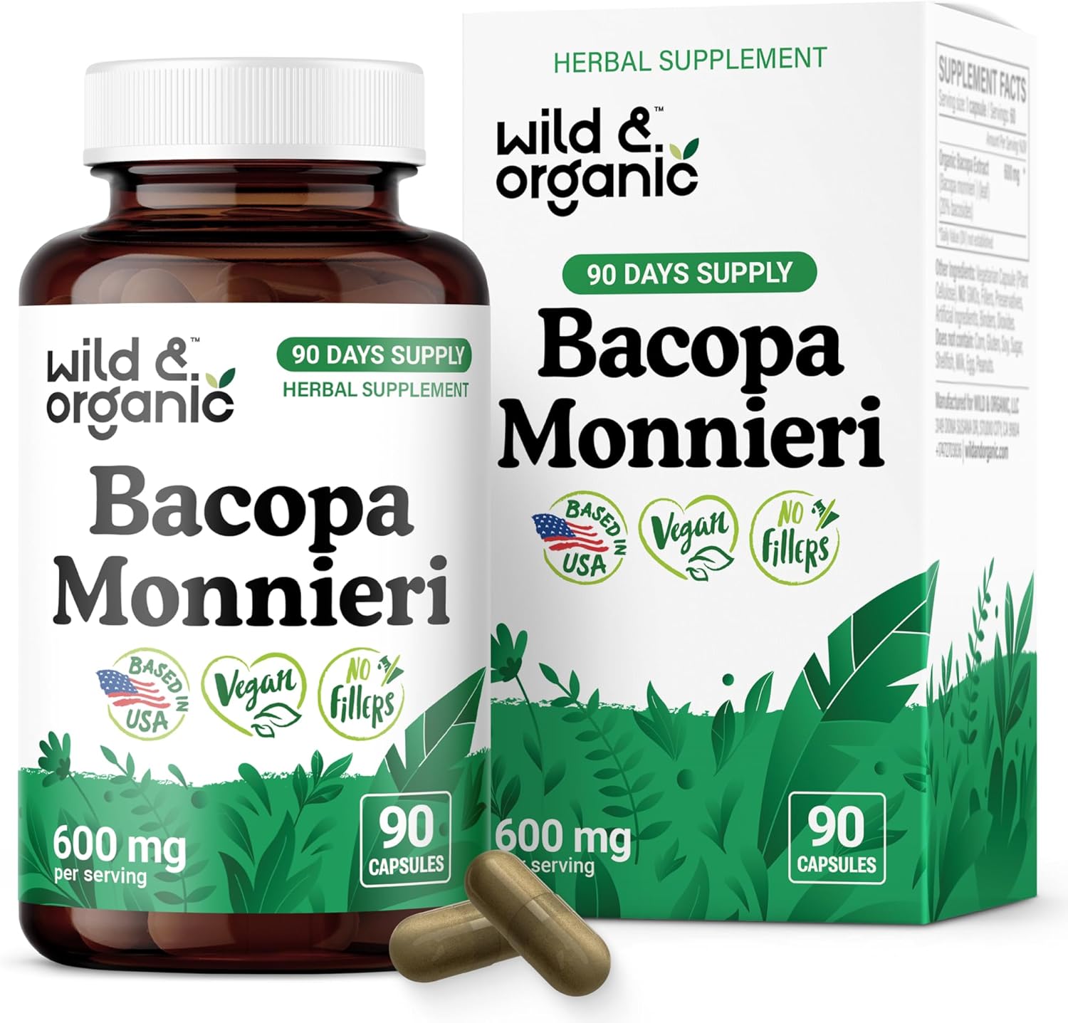Wild and Organic Bacopa Monnieri 600mg brown plastic bottle front view for brain support.