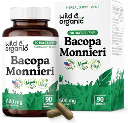 Wild and Organic Bacopa Monnieri 600mg brown plastic bottle front view for brain support.