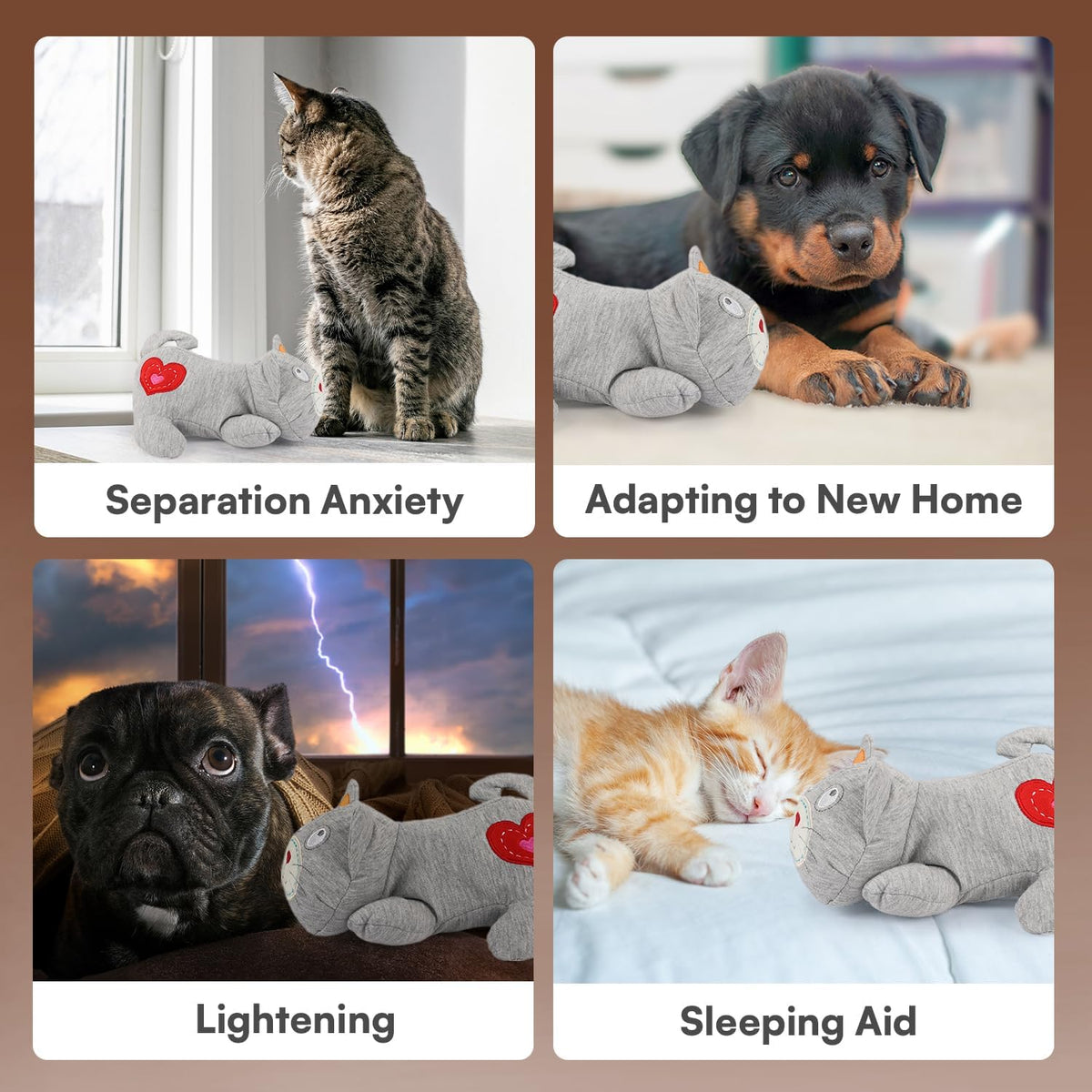 All For Paws gray plush kitten sleep aid displaying the removable heartbeat simulator device