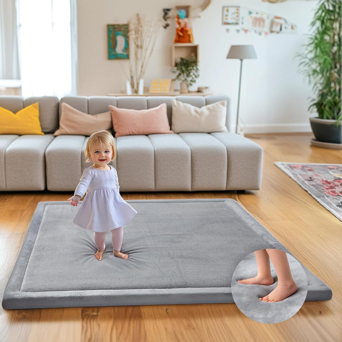 Mallify thick baby play mat front view in gray velvet