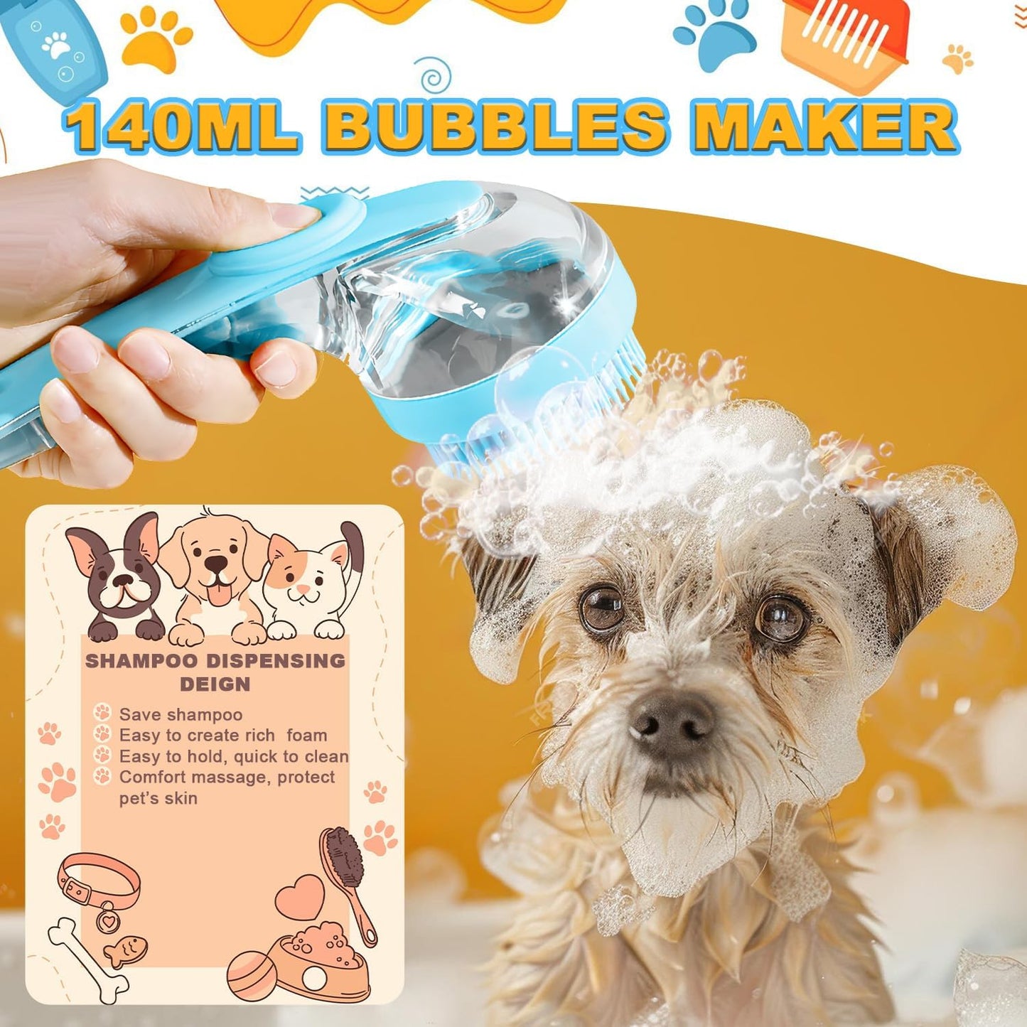 Close up view of the built-in pet shampoo dispenser container on the main grooming brush.