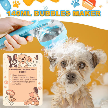 Close up view of the built-in pet shampoo dispenser container on the main grooming brush.