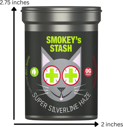 Smokey's Stash OG Puss potent botanical catnip mixture for sprinkling on scratching posts.
