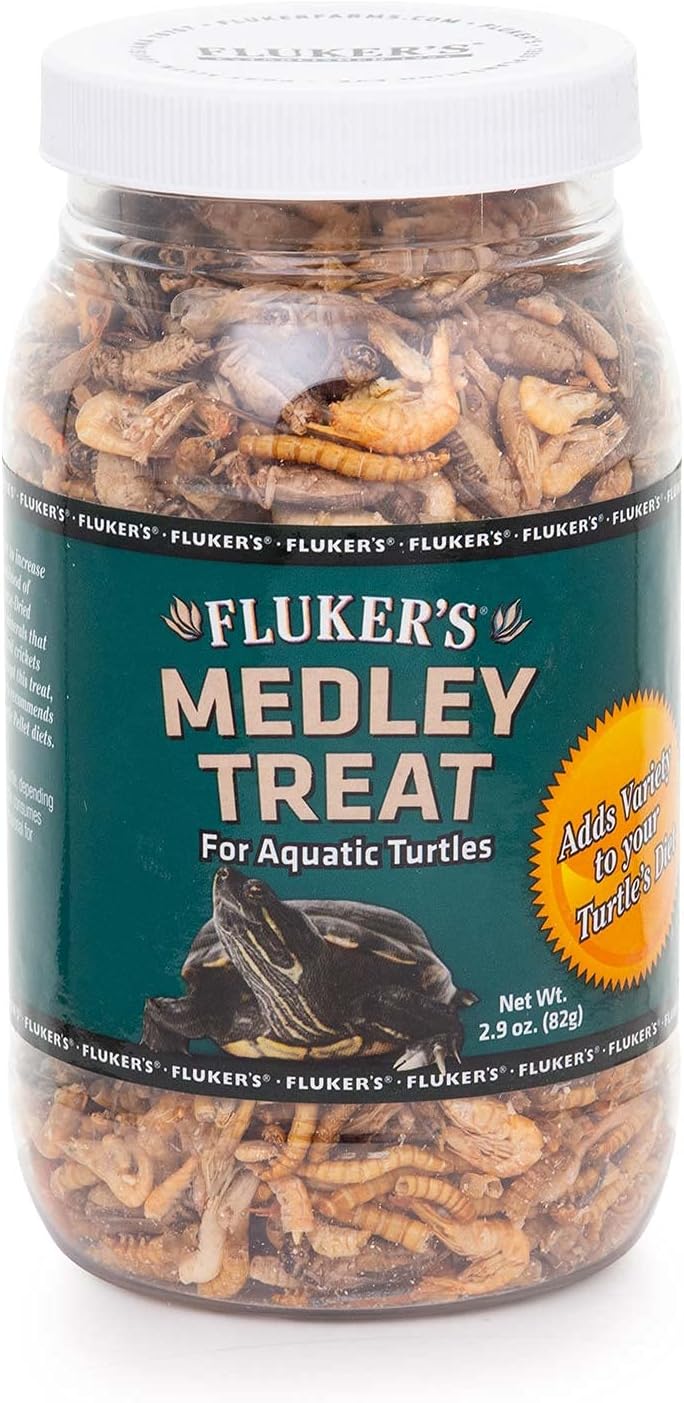 Fluker's Aquatic Turtle Medley Treat Food front view jar showing freeze dried insects