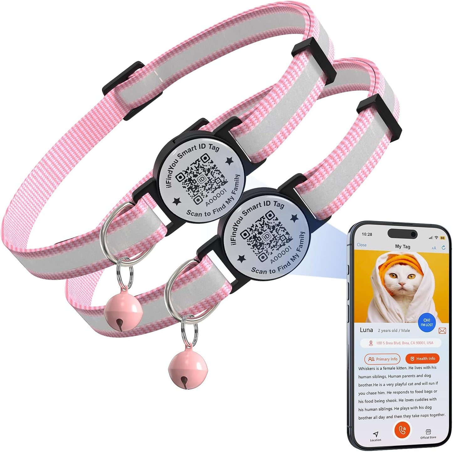 Breakaway Cat Collar with Safety Bell & Reflective Strips | QR Code ID Tag & Name Plate | Adjustable for Kittens Pink - Image 11