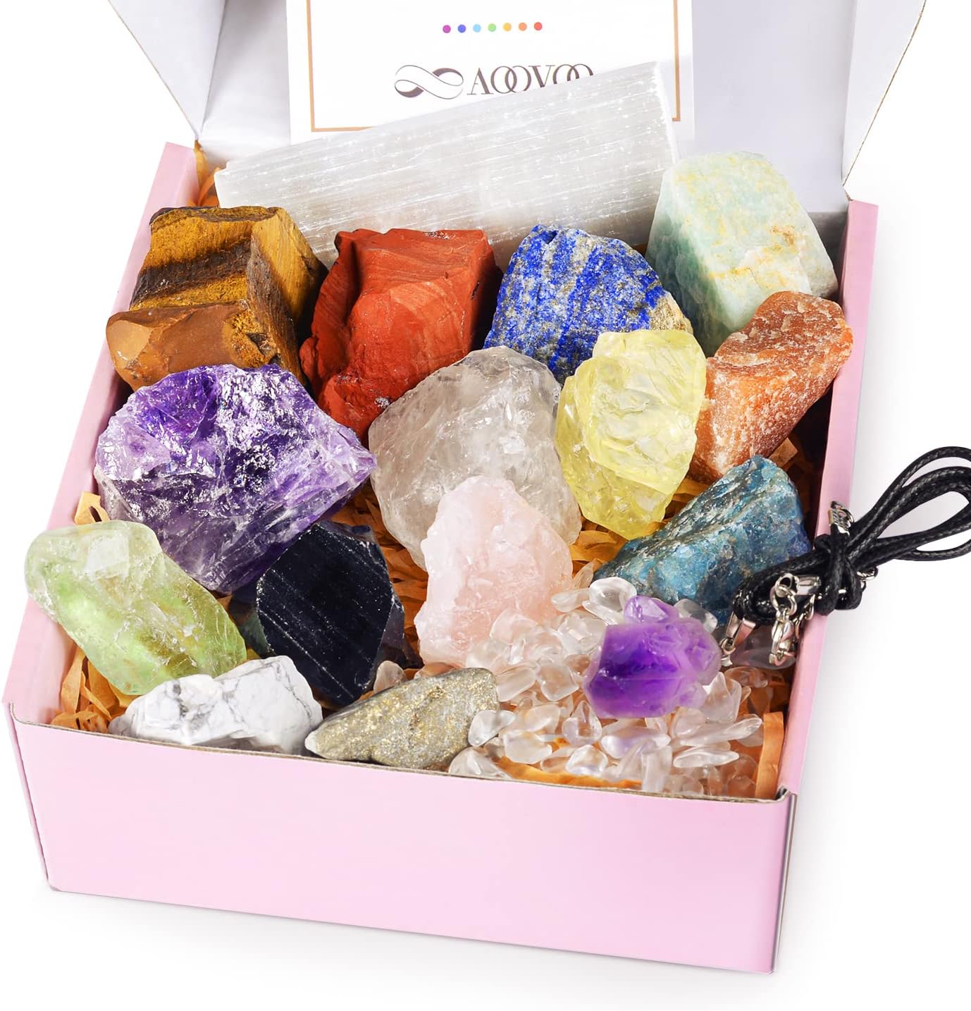 AOOVOO 17 Piece Crystal Set front view showing raw chakra stones and gift box