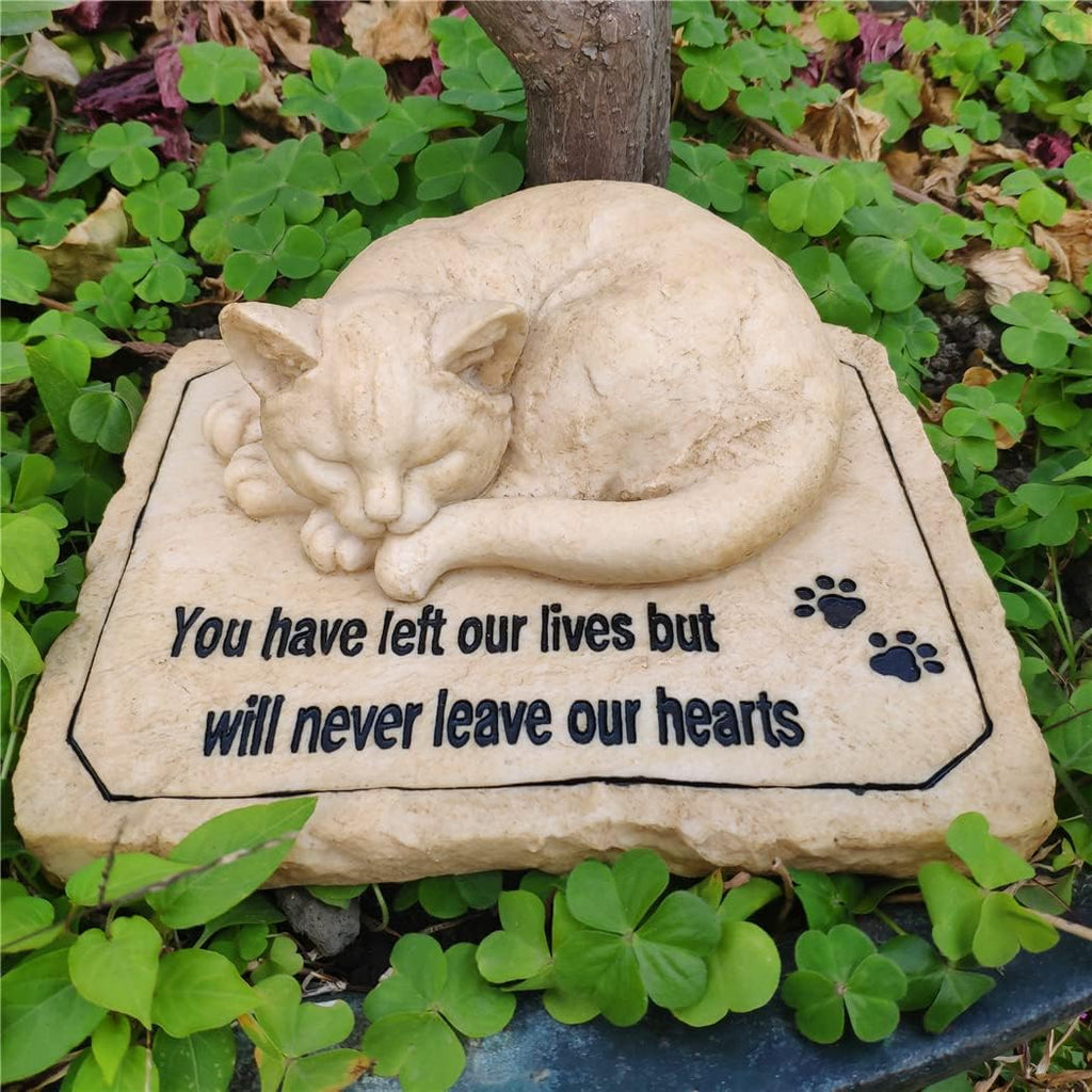 Carchistan cat memorial stone front view showing the 3D sleeping cat sculpture