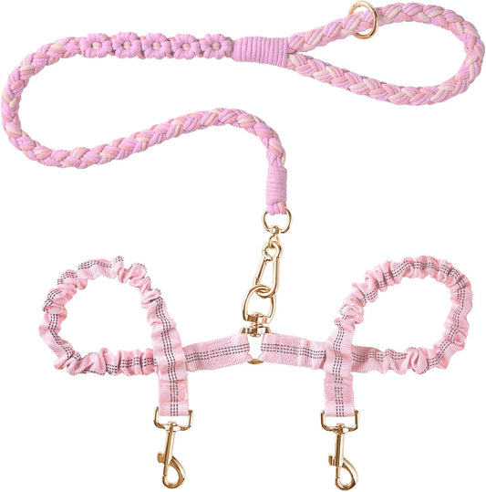 Panda Jianghu double dog leash pink front view dual dog walking lead
