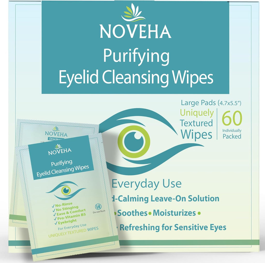 Noveha Eyelid And Lash Cleansing Wipes front view box packaging