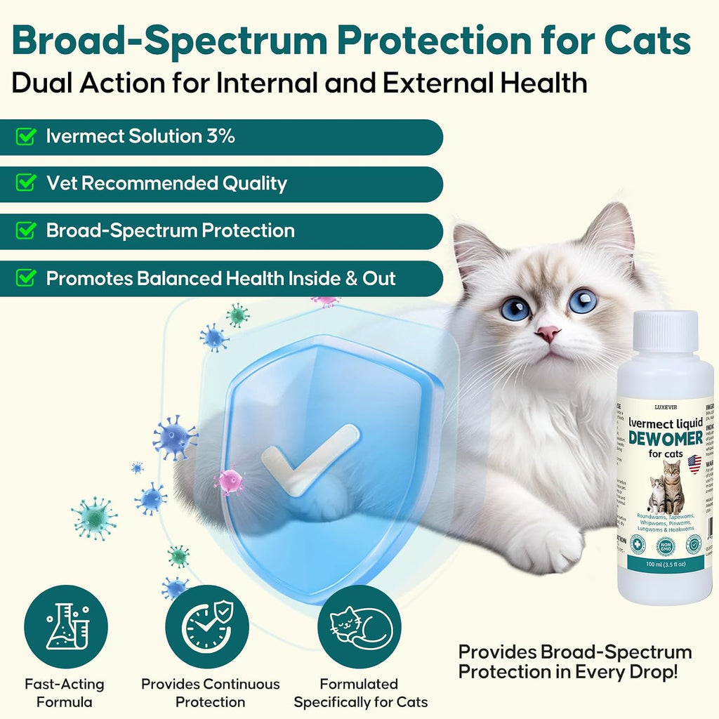 LuxeVib cat digestive cleanser liquid packaging showing broad spectrum parasite coverage
