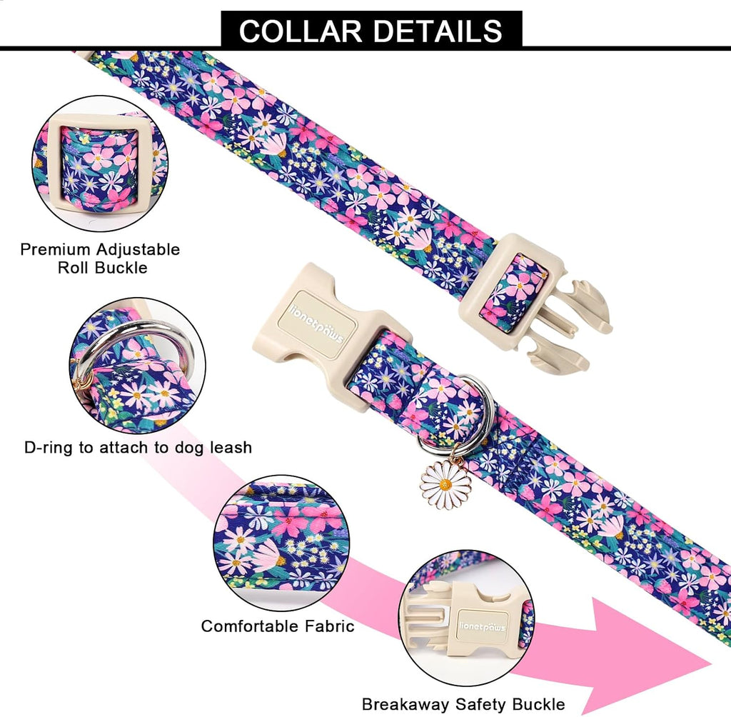 Close up of Lionet Paws daisy print collar fabric