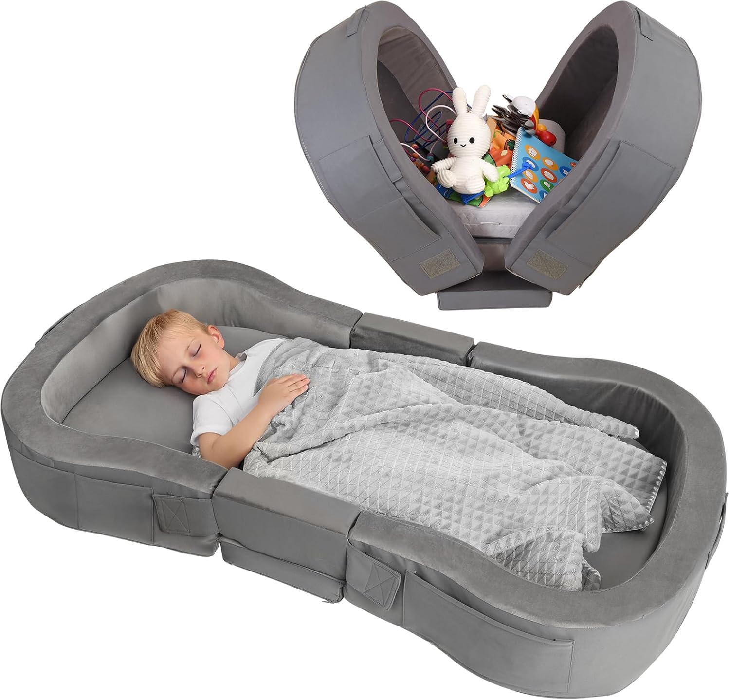 ENITYA portable toddler travel bed front view in dark grey color