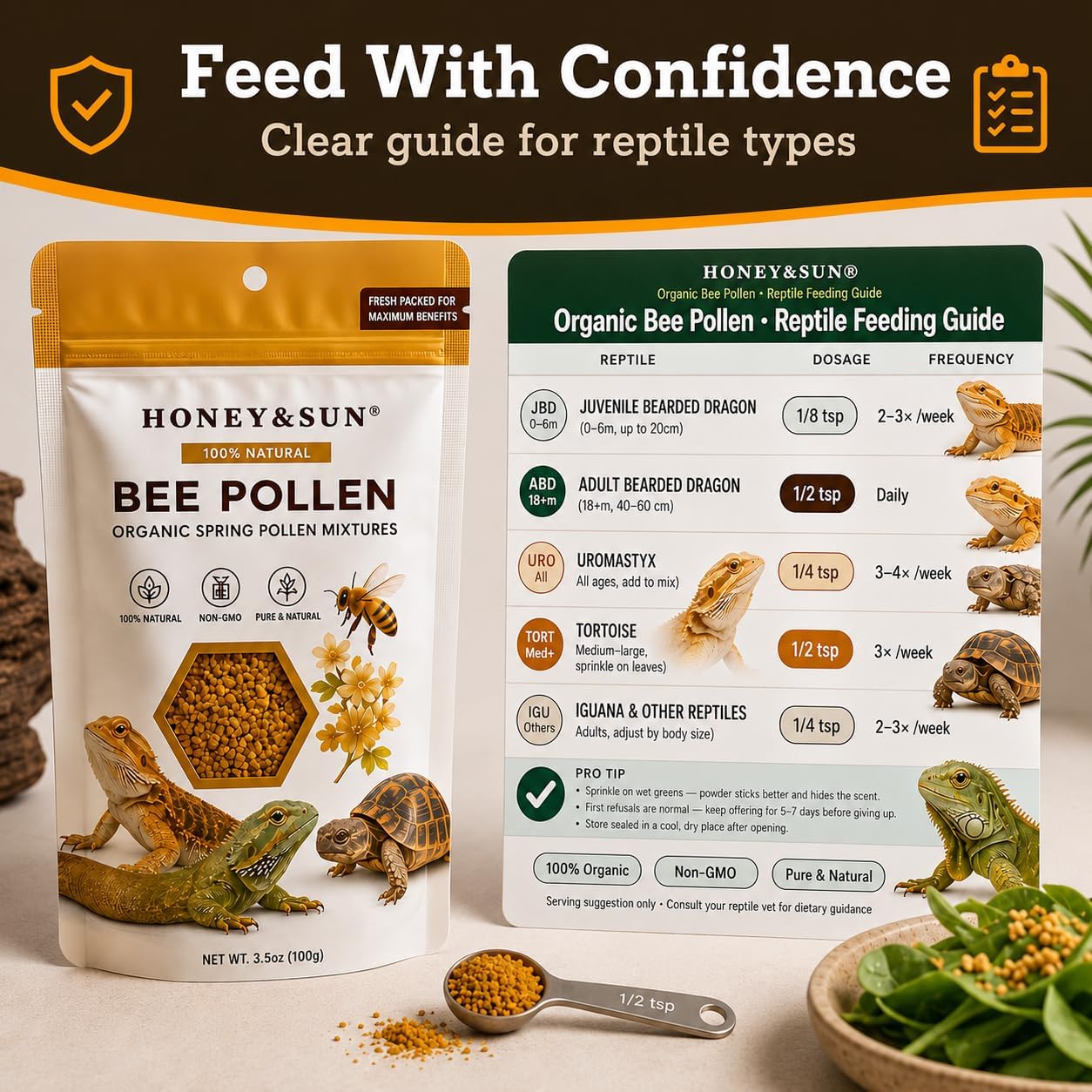 Texture of fine organic bee pollen powder for reptiles