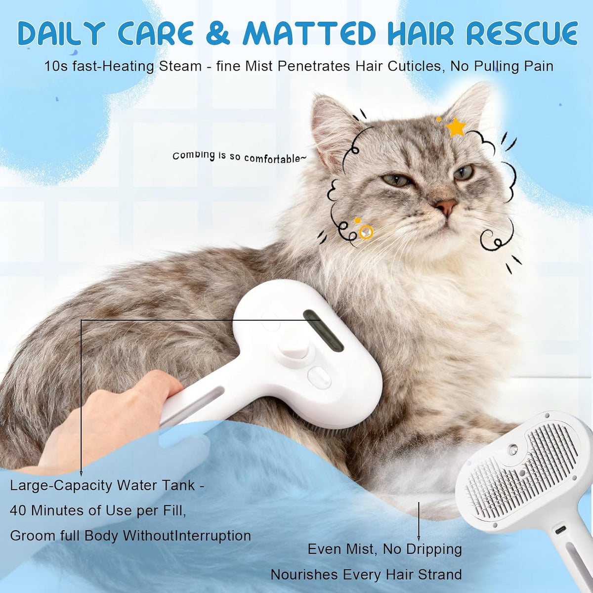 Siciry electronic pet deshedding brush showing the cool mist spray function