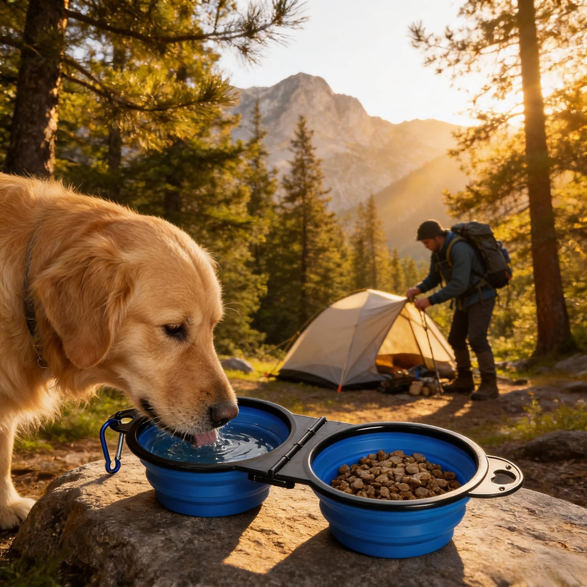 7CAIHOME blue portable dog water dish being unfolded for outdoor hiking