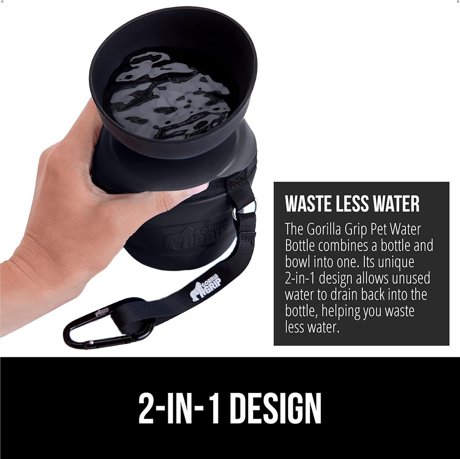 Black Gorilla Grip puppy hydration flask attached to a travel backpack using the included silver carabiner clip.