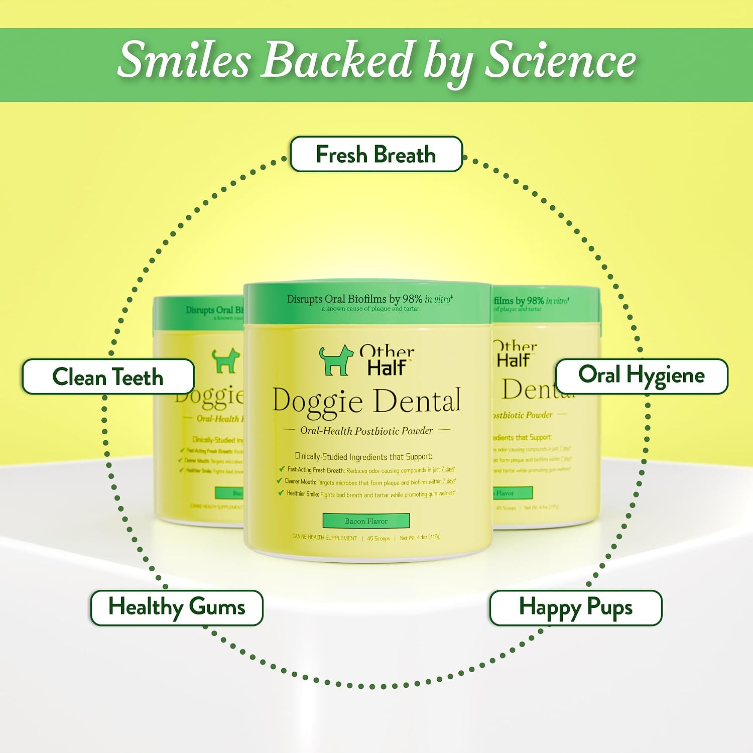 Back label of OTHER HALF dental supplement powder detailing oral health ingredients and postbiotic blend