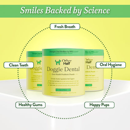 Back label of OTHER HALF dental supplement powder detailing oral health ingredients and postbiotic blend
