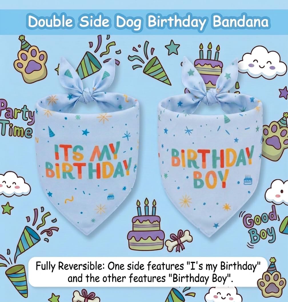 Double sided birthday boy dog bandana in blue