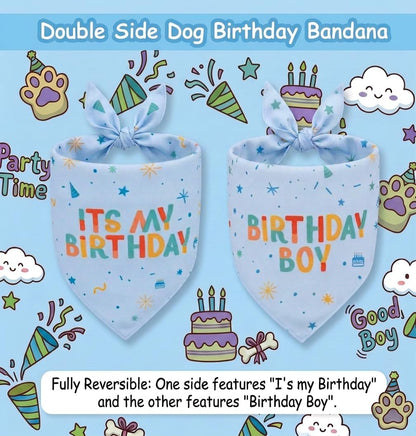 Double sided birthday boy dog bandana in blue
