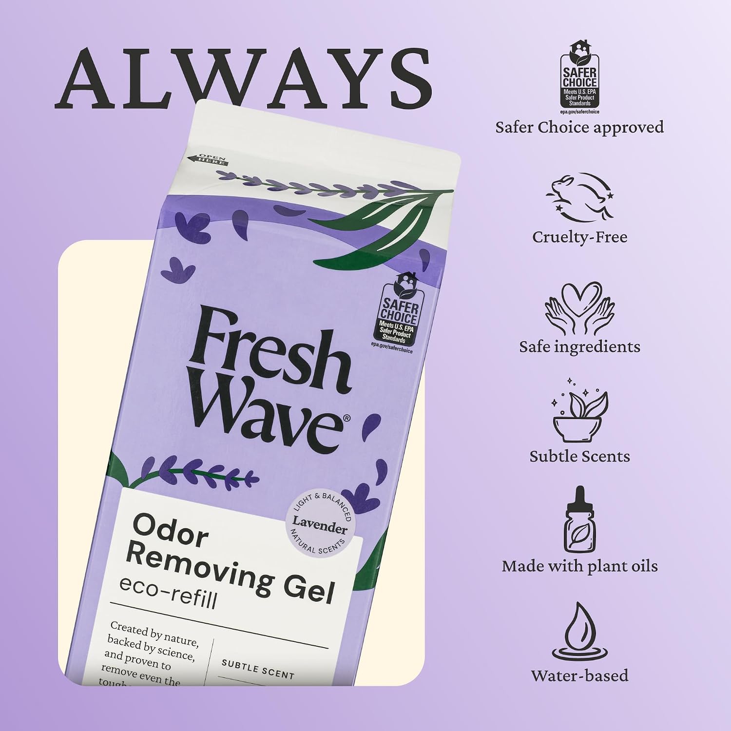 Close up of the EPA Safer Choice label on the Fresh Wave natural plant-based gel refill bottle.