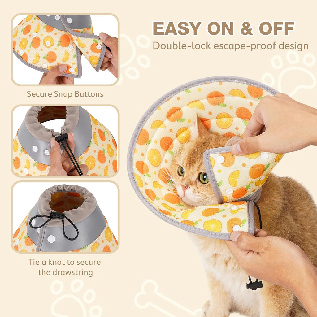 Flexible pet cone folded back for eating and drinking