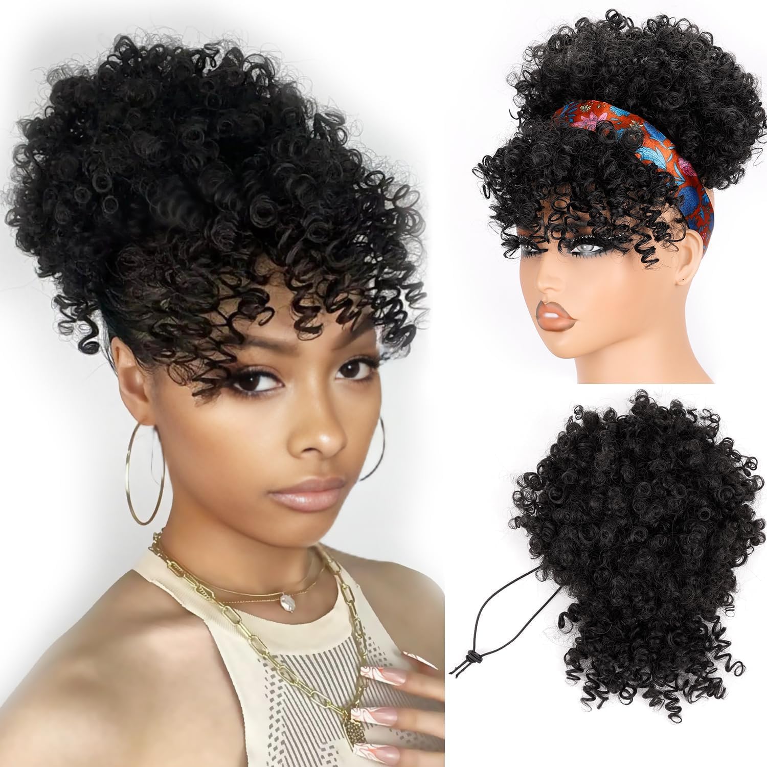 Builson drawstring ponytail front view showing kinky curly afro puff texture.