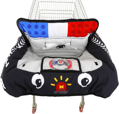 HIVVI cute police car grocery cart cover front view displaying the blue vehicle pattern and plush seating area