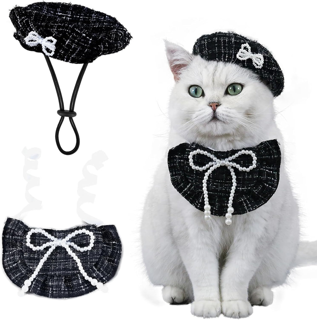 HOWWFALY 2PCS Cat Beret Hat with Small Camellia, Adjustable Satin Bowtie Bandana Scarf Set Pet Princess Costume for Halloween Christmas, Cat Dog Birthday Party Apparel (Pink Bow) - Image 9