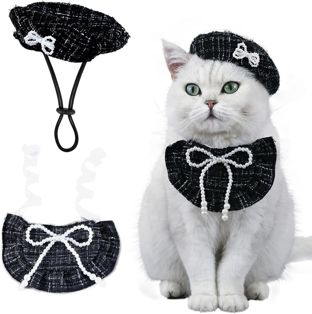 HOWWFALY 2PCS Cat Beret Hat with Small Camellia, Adjustable Satin Bowtie Bandana Scarf Set Pet Princess Costume for Halloween Christmas, Cat Dog Birthday Party Apparel (Pink Bow) - Image 9