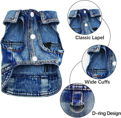 LKEX classic lapel pet clothes washed denim texture detail